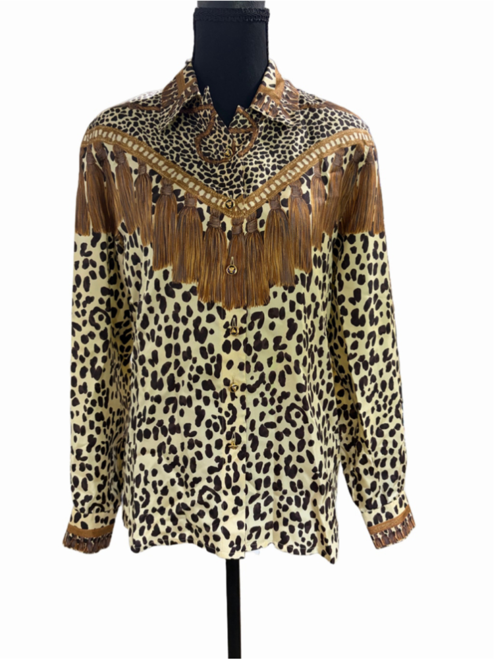 Vintage Escada Silk Leopard Print Blouse Sz 34, Western Tassel Germany